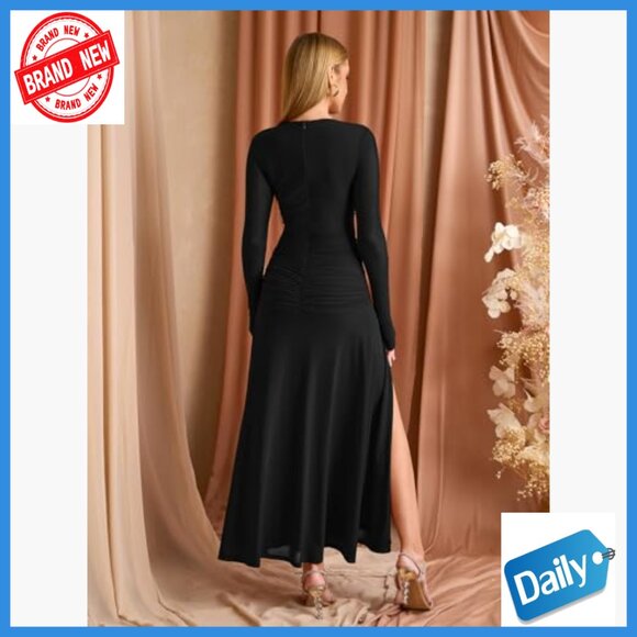 Long Sleeve Ruched Maxi Dress Formal Wedding Guest Cocktail Party - Picture 3 of 6